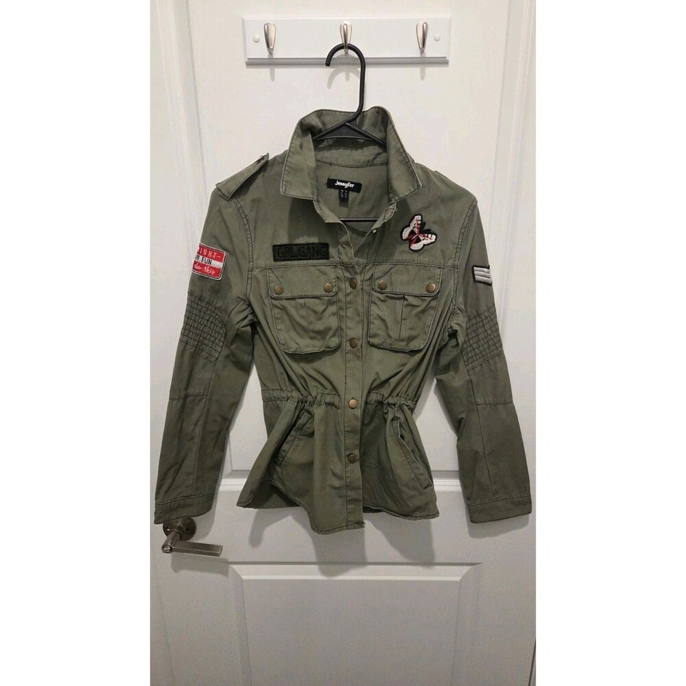 Vintage Jennyfer 100% Cotton Green Button Up Military Jacket Embroider Sz Small
